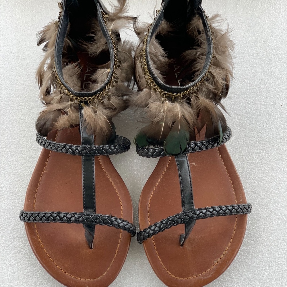 Aldo Feathered Leather Sandals - Black and Brown